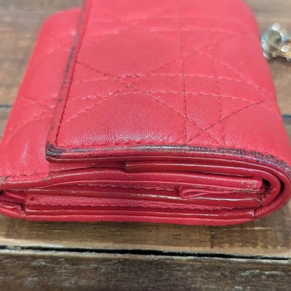 Authentic Christian Dior Lady Dior Cannage Trifold Wallet Lamb Skin Red - Picture 11 of 14